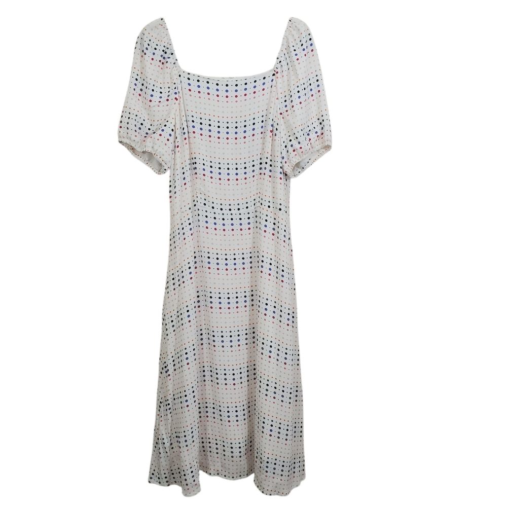 NWT LOFT Midi Dress Rainbow Polka Dot Square Neck Puff Sleeve Milkmaid 10 Petite